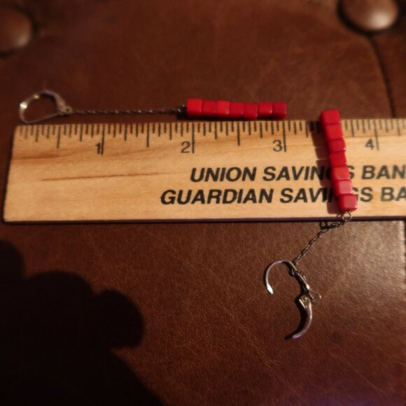 Red coral square beads & sterling silver Sherzada earrings dangle drop 3" long - Picture 7 of 10